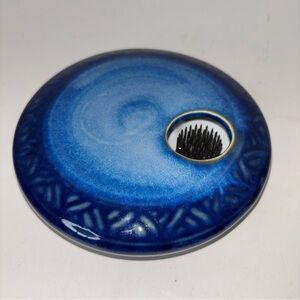 Georgetown Pottery Ikebana Vase Blue Glazed Round Metal Flower Frog Pins Signed